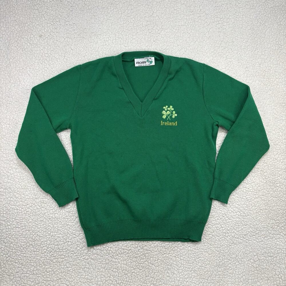 Vintage Ireland Sweater Mens M Green V Neck Pullover Embroidered Logo Clovers‎